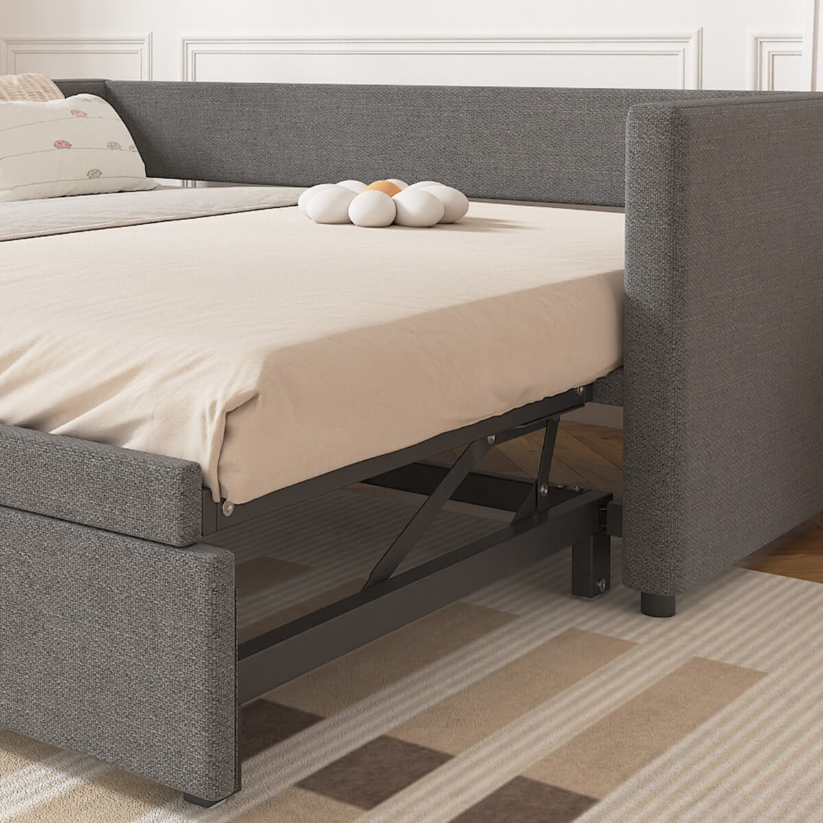 3ft Upholstered Daybed with Pull-Out Trundle - Convertible Single to Double Bed, Linen Grey