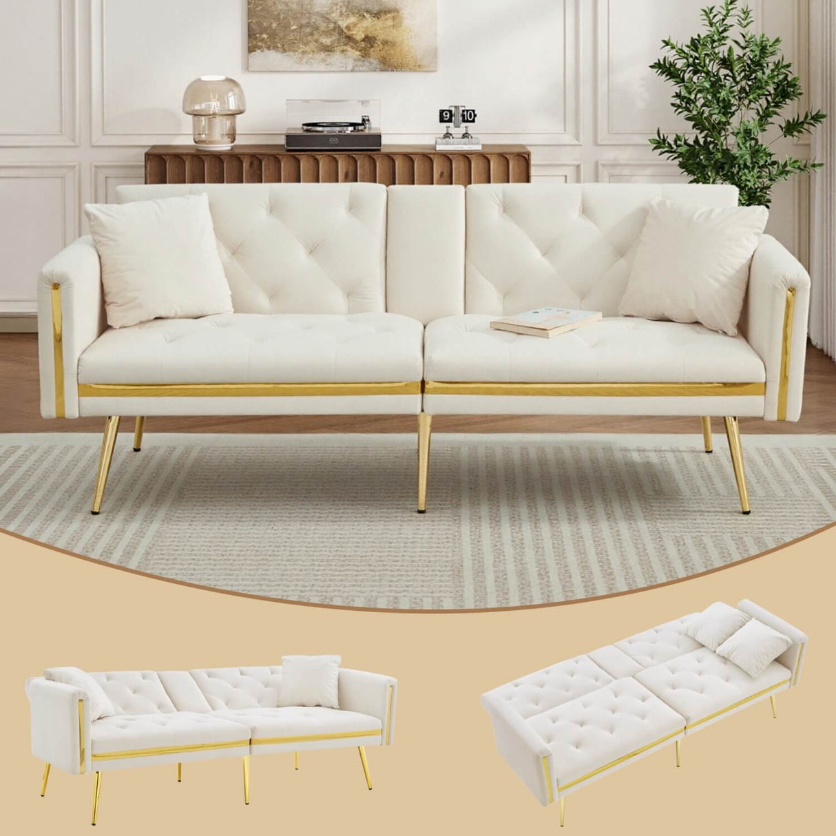 2-Seater Convertible Sofa Bed – Adjustable Backrest with Gold Accents and Built-in Cup Holders