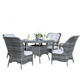 4 Seater Outdoor Rattan Dining Set - Round Garden Table with Tempered Glass Top & Parasol Hole