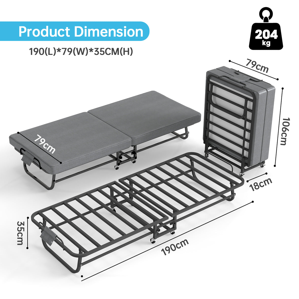Portable Folding Single Bed with Wheels, 79x190cm Fold Up Guest Bed, 6cm Thick Memory Foam Mattress & Sturdy Metal Frame, Multi-Use Foldable Bed for Home, Office, Outdoor, Dorm & Temporary Rest
