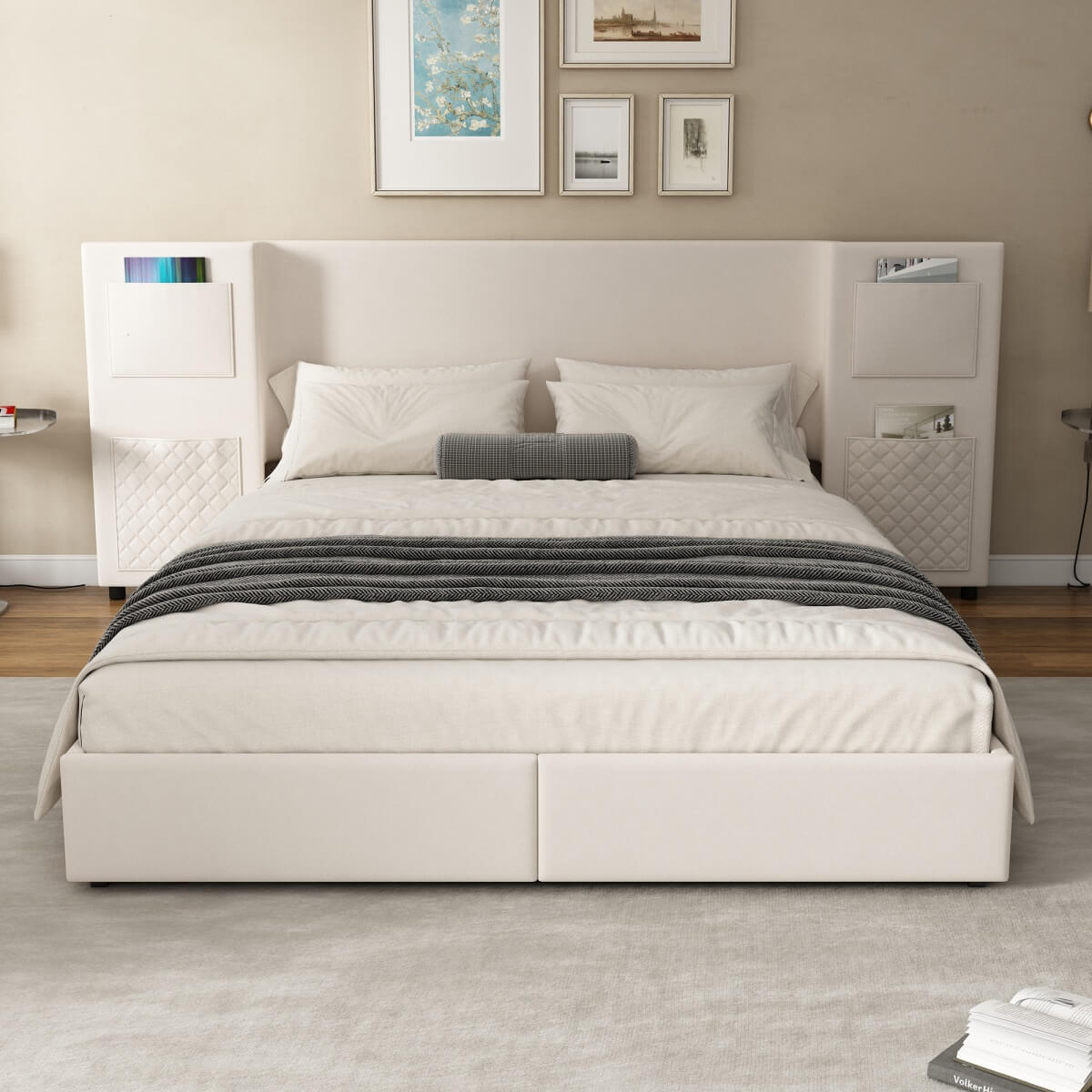 4ft6 Double Velvet Bed Frame with Storage Drawers - Upholstered Bed with Headboard Pockets, 2 Wheeled Drawers and Sturdy Metal Legs, Beige
