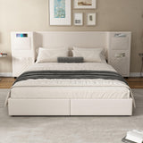 4ft6 Double Velvet Bed Frame with Storage Drawers - Upholstered Bed with Headboard Pockets, 2 Wheeled Drawers and Sturdy Metal Legs, Beige
