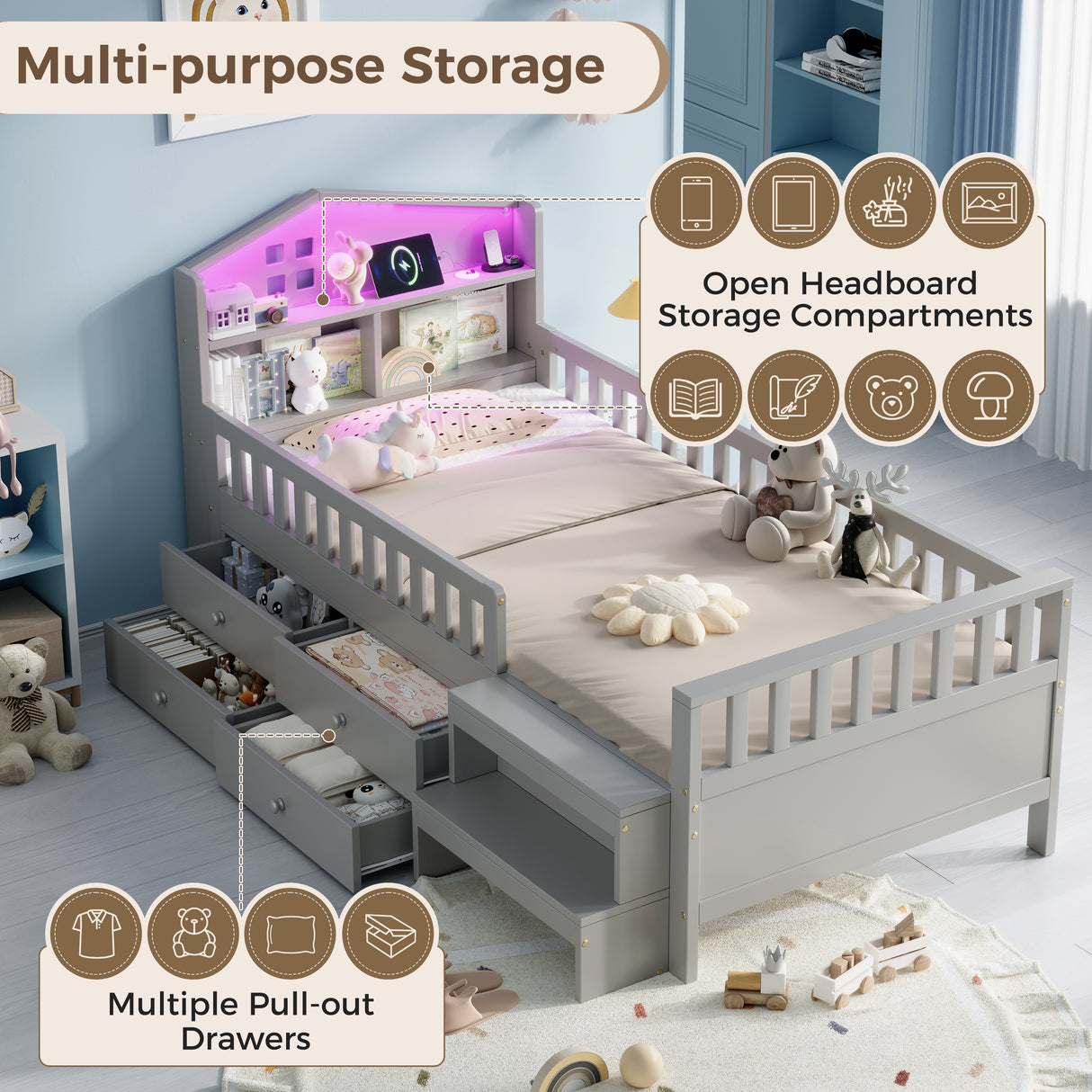 3ft Single Wooden Bed Frame, LED Lighting, Headboard Storage & Drawers, USB Charging Port, Safety Rails & Step Stool, Easy Assembly, Grey (No Mattress)