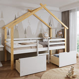 Wooden Children's Bed 3ft Single 90x190cm with Safety Guardrail, Storage Drawers, Imitation Roof Shape, White & Natural