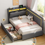3ft Single Daybed with Two Storage Drawers, LED Concealed Headboard Storage with Charging Station, Modern Linen Sofa Bed for Living Room/ Bedroom/ Study Room, 90X190cm, Grey (No Mattress)