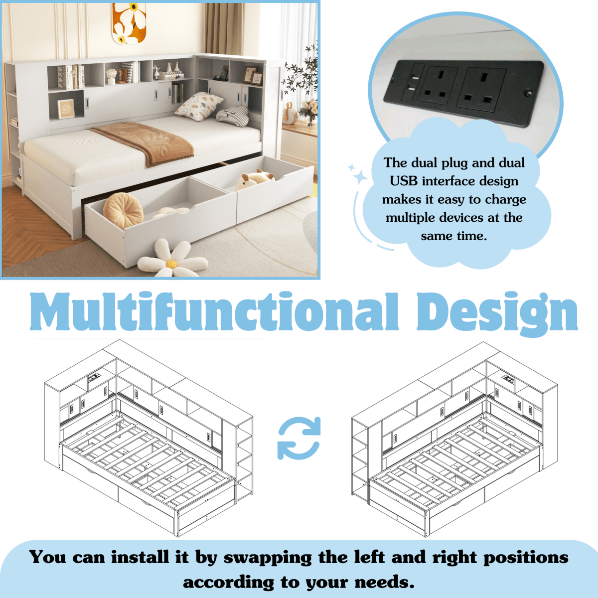 3ft Single Platform Bed with Trundle & Storage - Bed Frame with USB Charging and Bookcase