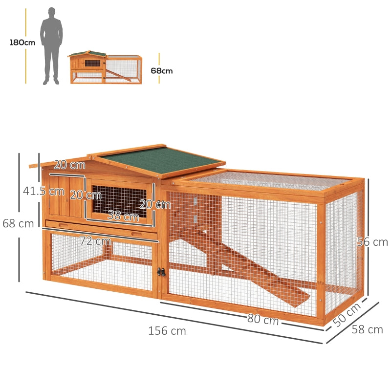 Rabbit Hutch with Run Outdoor Bunny Cage with Sliding Tray, Hay Rack, Ramp, Wooden Orange