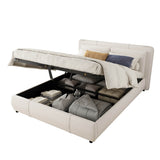 4ft6 Double Upholstered Storage Bed - Hydraulic Lift, Velvet Bed Frame with Removable Headboard, Beige