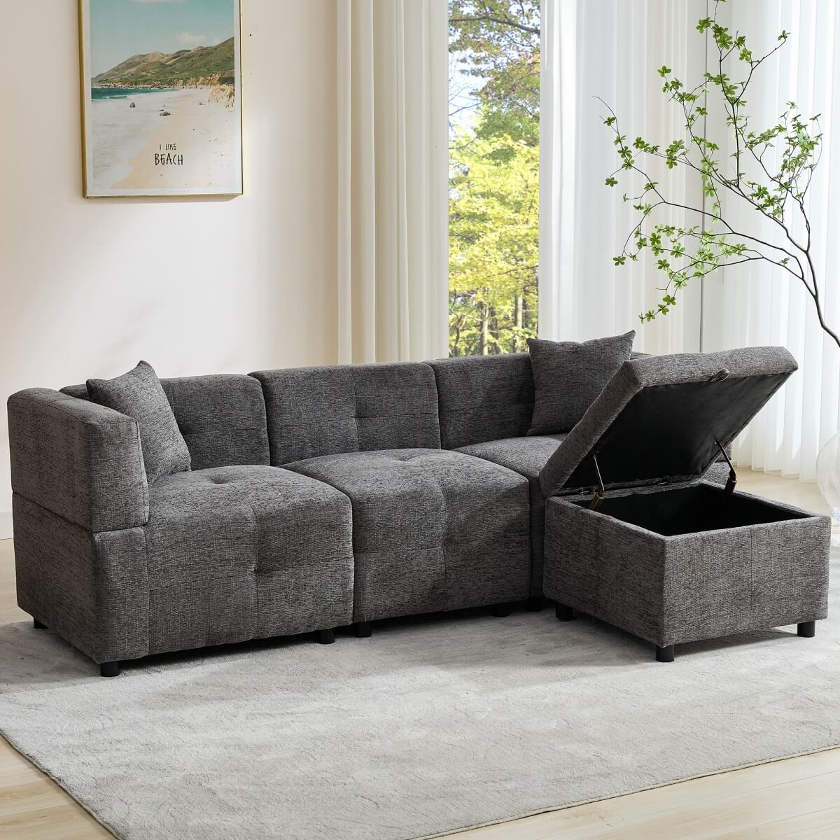 L-Shaped Corner Sofa - 80" Fabric Sectional Sofa with Removable Storage Ottoman & 2 Cushions, Grey