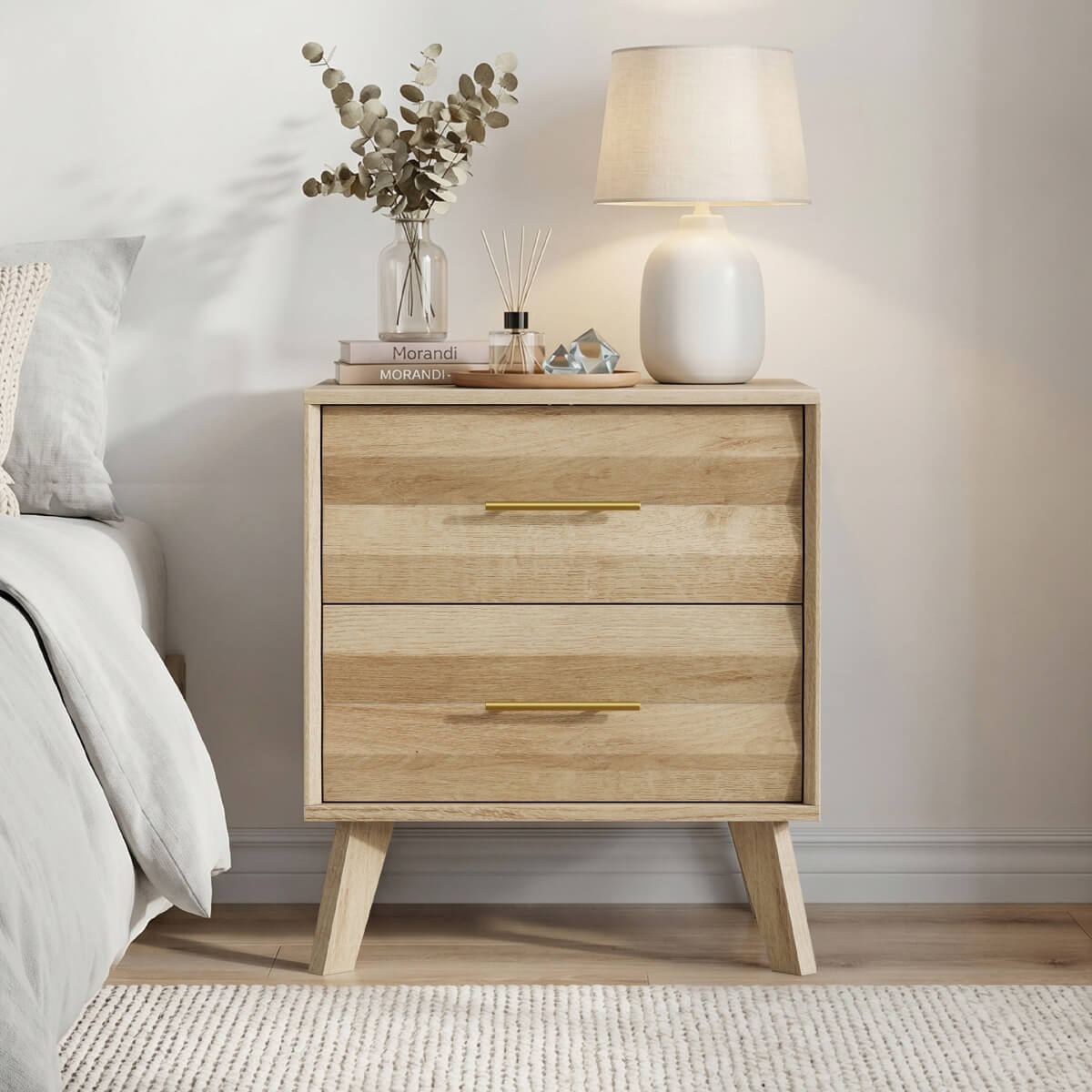 Single Bedside Table with 2 Drawers - Modern Bedroom Storage Cabinet with Metal Handles, Oak Effect