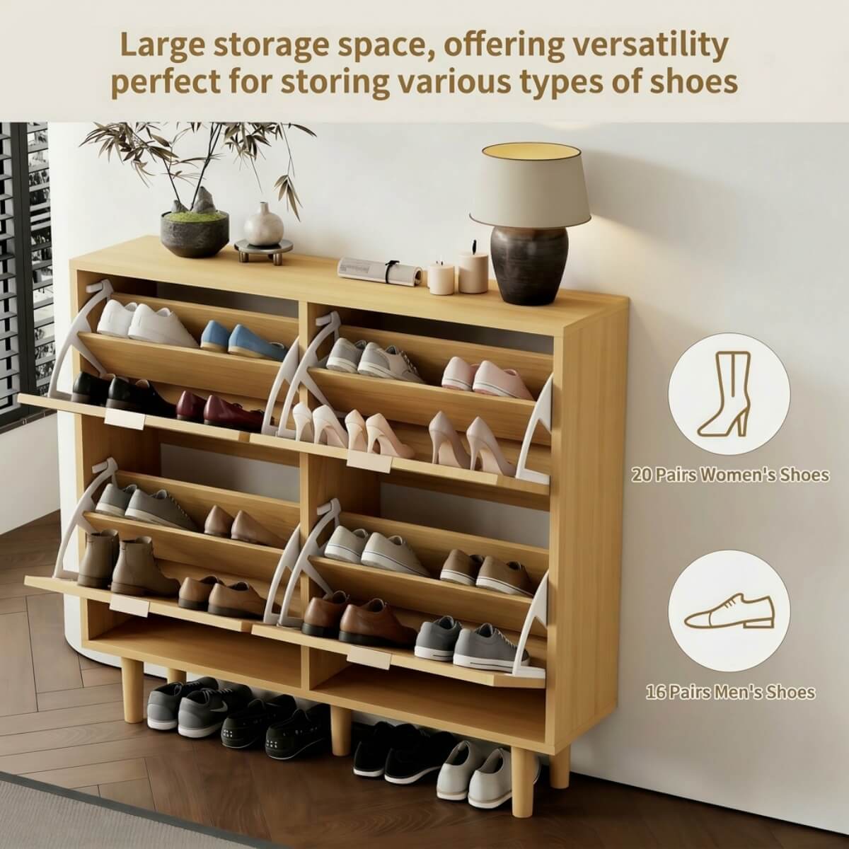 Rattan Shoe Storage Cabinet with 4 Flip Drawers - Wooden Hallway Shoe Organiser, Light Oak
