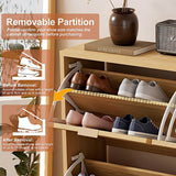 Rattan Shoe Storage Cabinet with 4 Flip Drawers - Wooden Hallway Shoe Organiser, Light Oak