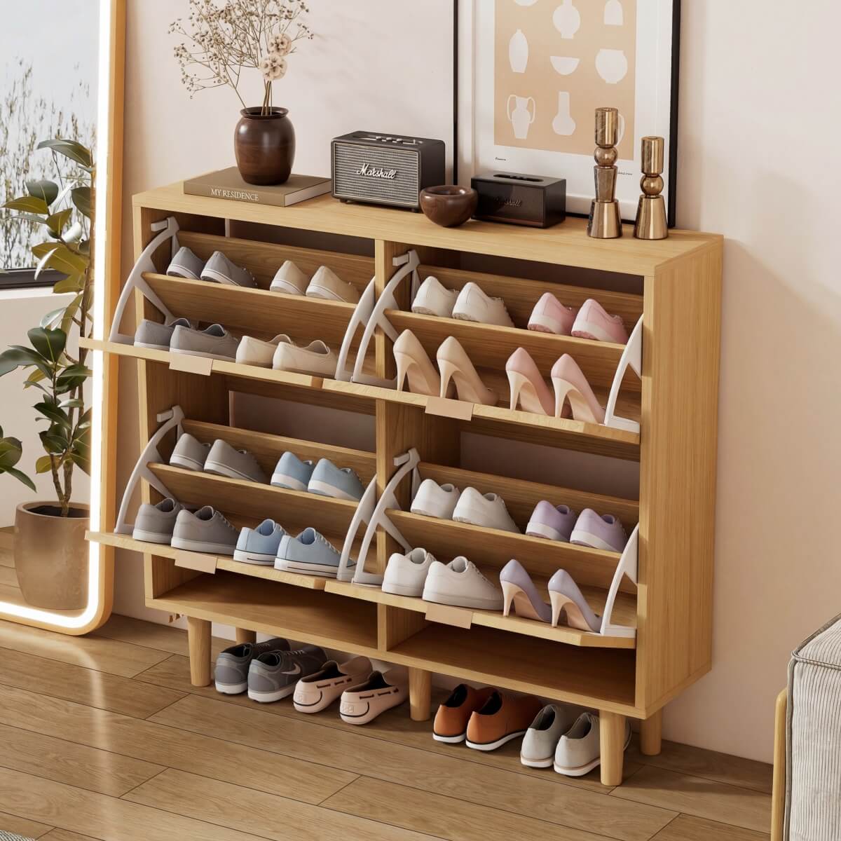 Rattan Shoe Storage Cabinet with 4 Flip Drawers - Wooden Hallway Shoe Organiser, Light Oak
