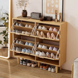Rattan Shoe Storage Cabinet with 4 Flip Drawers - Wooden Hallway Shoe Organiser, Light Oak