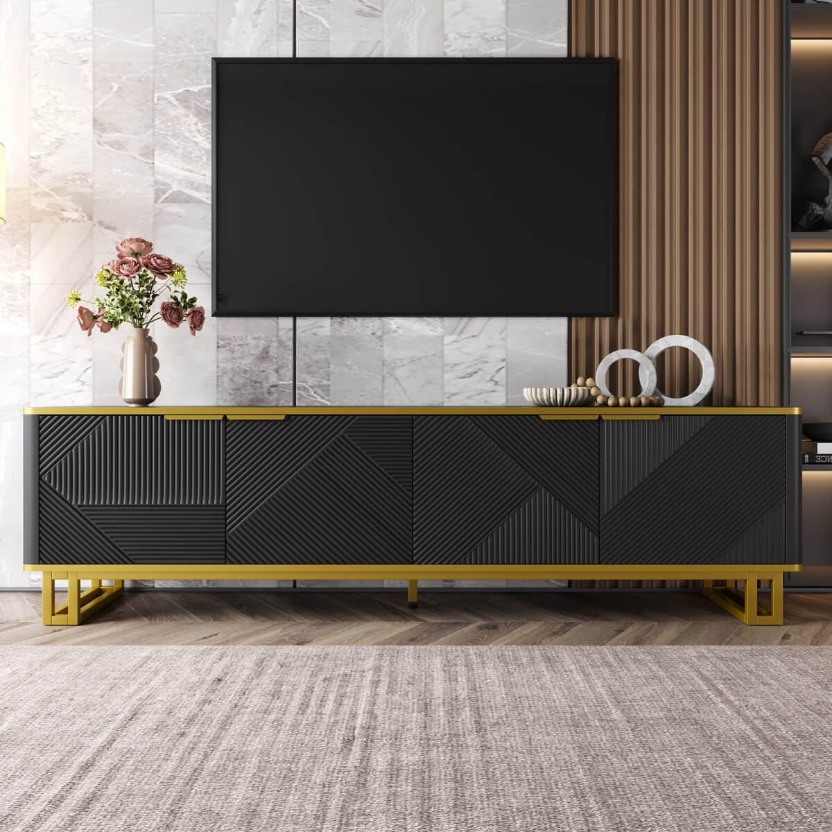 Modern TV Cabinet with 4 Doors - Geometric Texture TV Stand & Media Console, Black