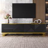 Modern TV Cabinet with 4 Doors - Geometric Texture TV Stand & Media Console, Black
