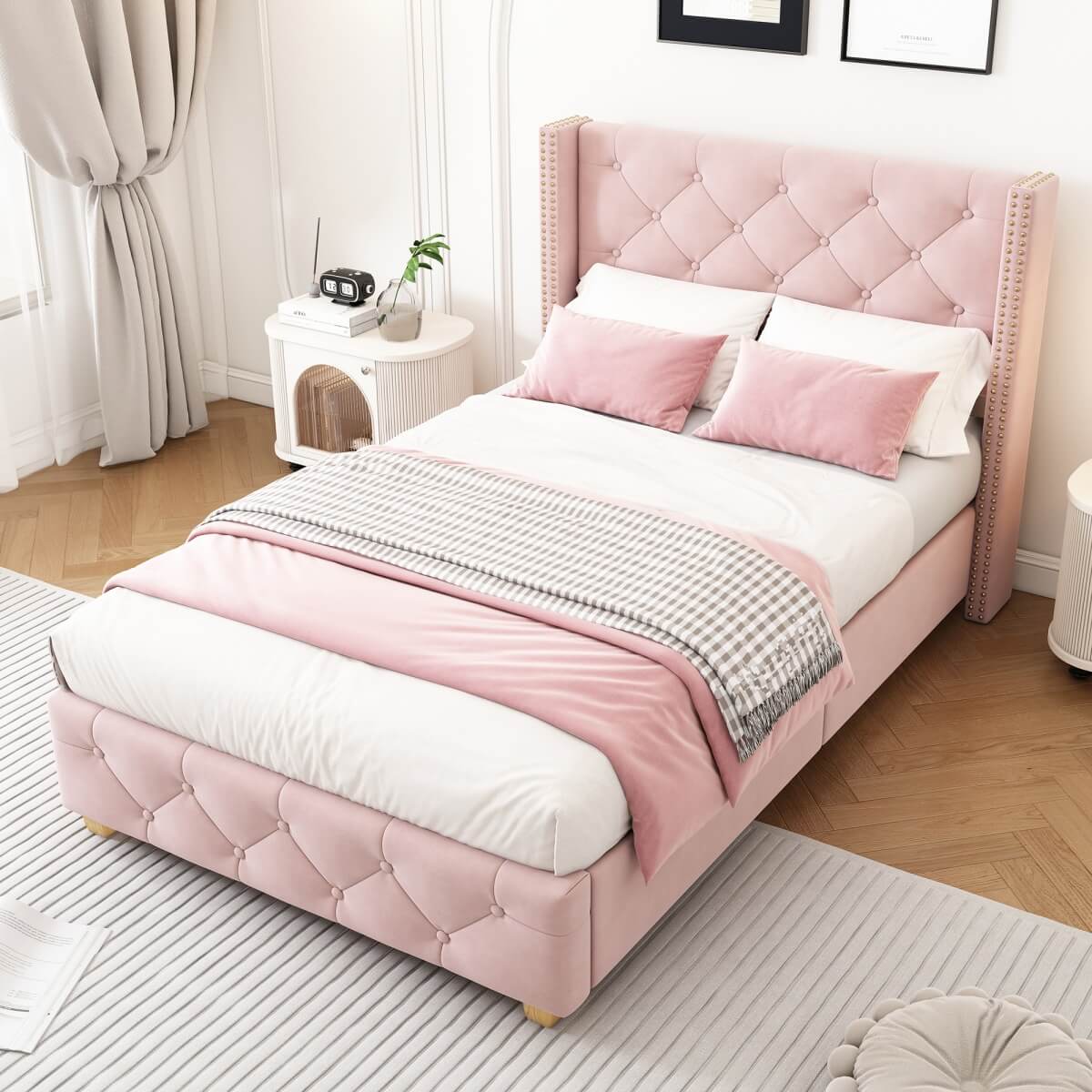3ft Single Velvet Bed Frame - Upholstered Bed with Button & Stud Headboard, Wooden Legs, Pink