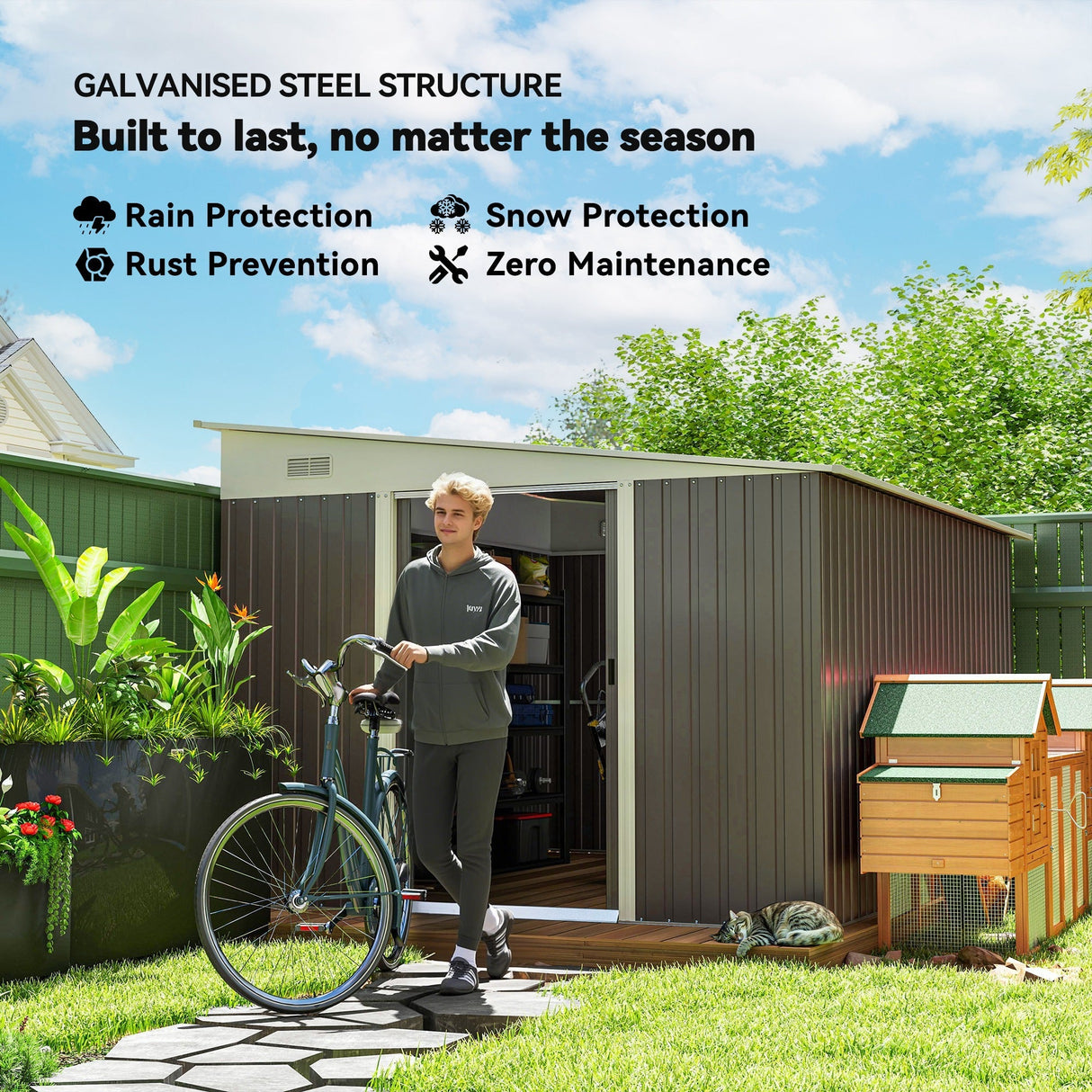 Lean to Metal Garden Shed with Double Sliding Doors and Vents, Grey