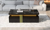 Modern Black Rectangular Coffee Table with Marble Pattern (Triamine Board) Top and 2 Wooden Drawers, Particle Board