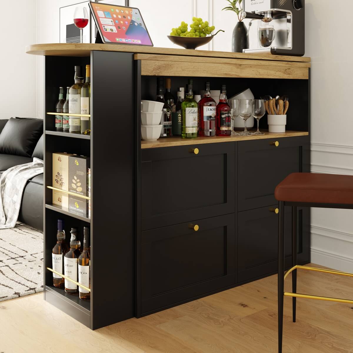 Modern Swivel Bar Table with 4 Drawers - 360-Degree Rotating Design with Open Shelves, Freestanding Dining Table