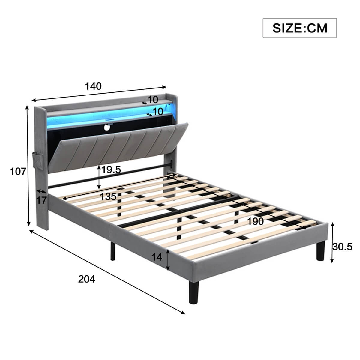 4ft6 Double Velvet LED Storage Bed - Upholstered Bed with USB & Type-C Charging, Grey