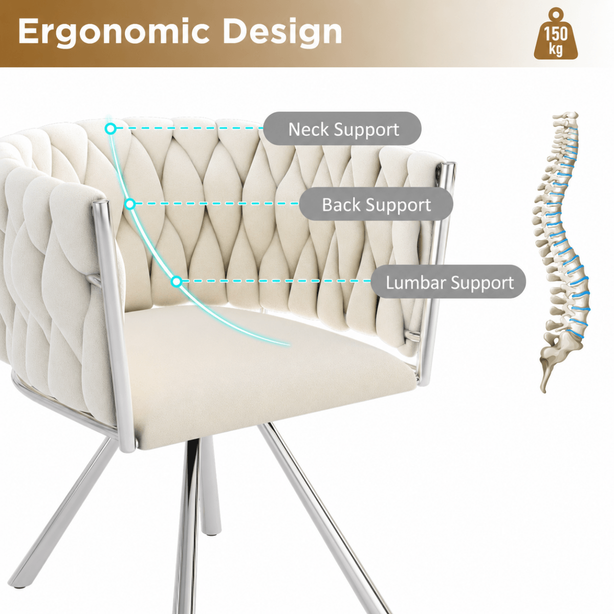Set of 6 Velvet Swivel Dining Chairs - Upholstered Dining Chairs with 4 Metal Legs for Kitchen & Dining Room, Beige
