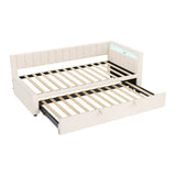 3ft Single Velvet Daybed with Trundle - Reversible Sofa Bed with RGB LED Lights and Charging Station, Beige
