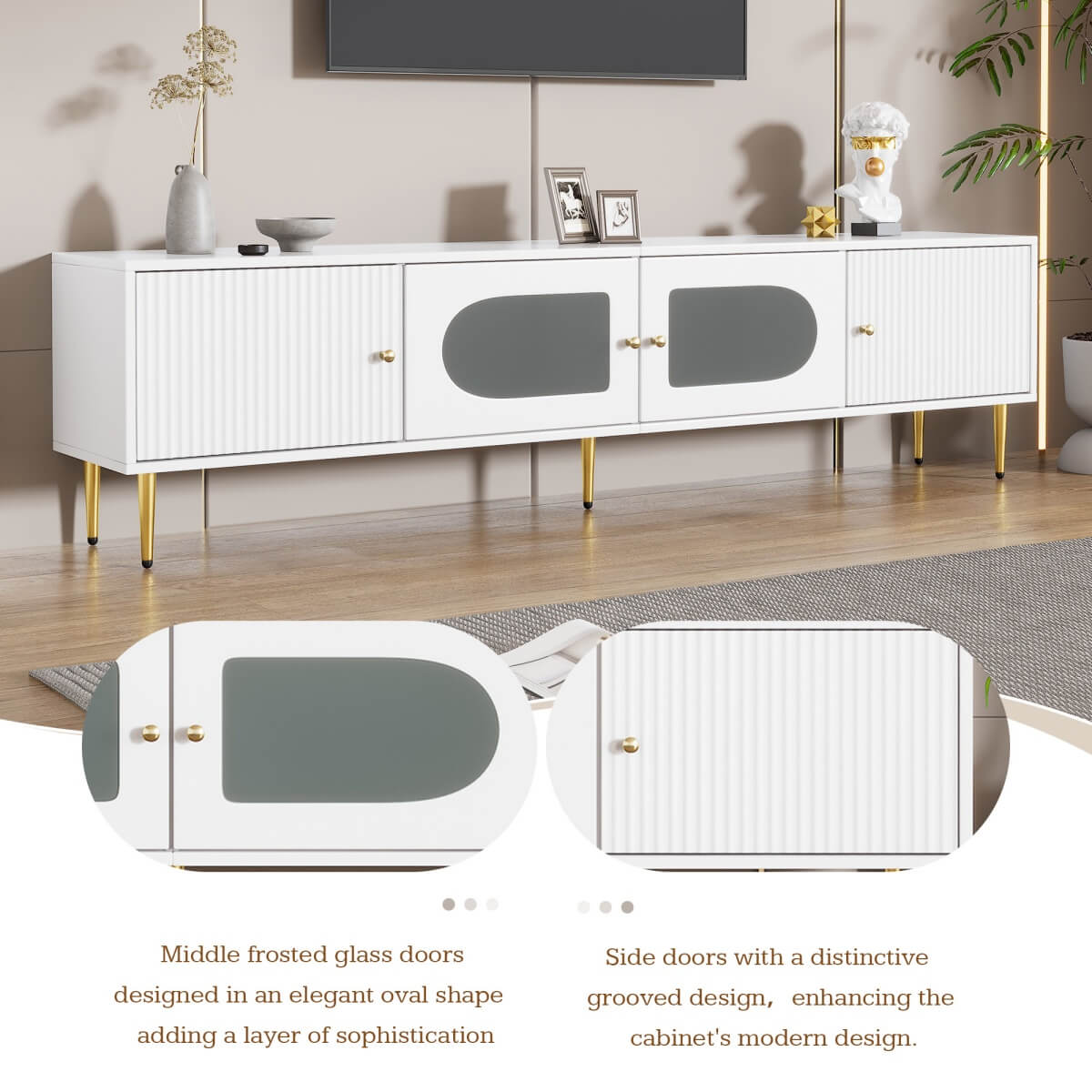 Modern TV Stand with Storage - 4 Door TV Cabinet with Glass Doors, Fits up to 70 Inch TV