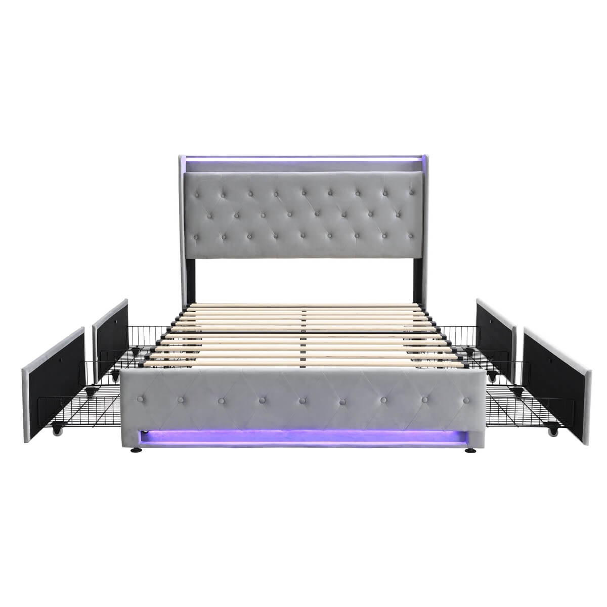4ft6 Double Upholstered Storage Bed - Velvet Bed Frame with 4 Drawers, LED Light Strips & Charging Socket, Grey
