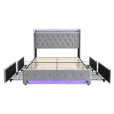 4ft6 Double Upholstered Storage Bed - Velvet Bed Frame with 4 Drawers, LED Light Strips & Charging Socket, Grey