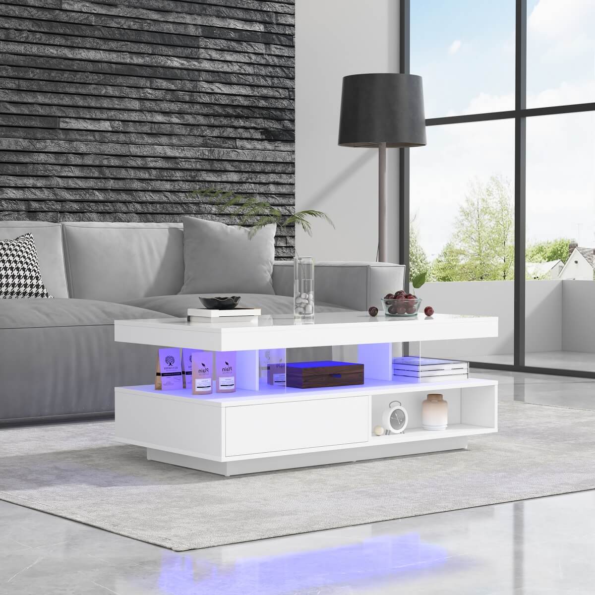 LED Coffee Table with Storage - High Gloss Centre Table with 2 Drawers, White