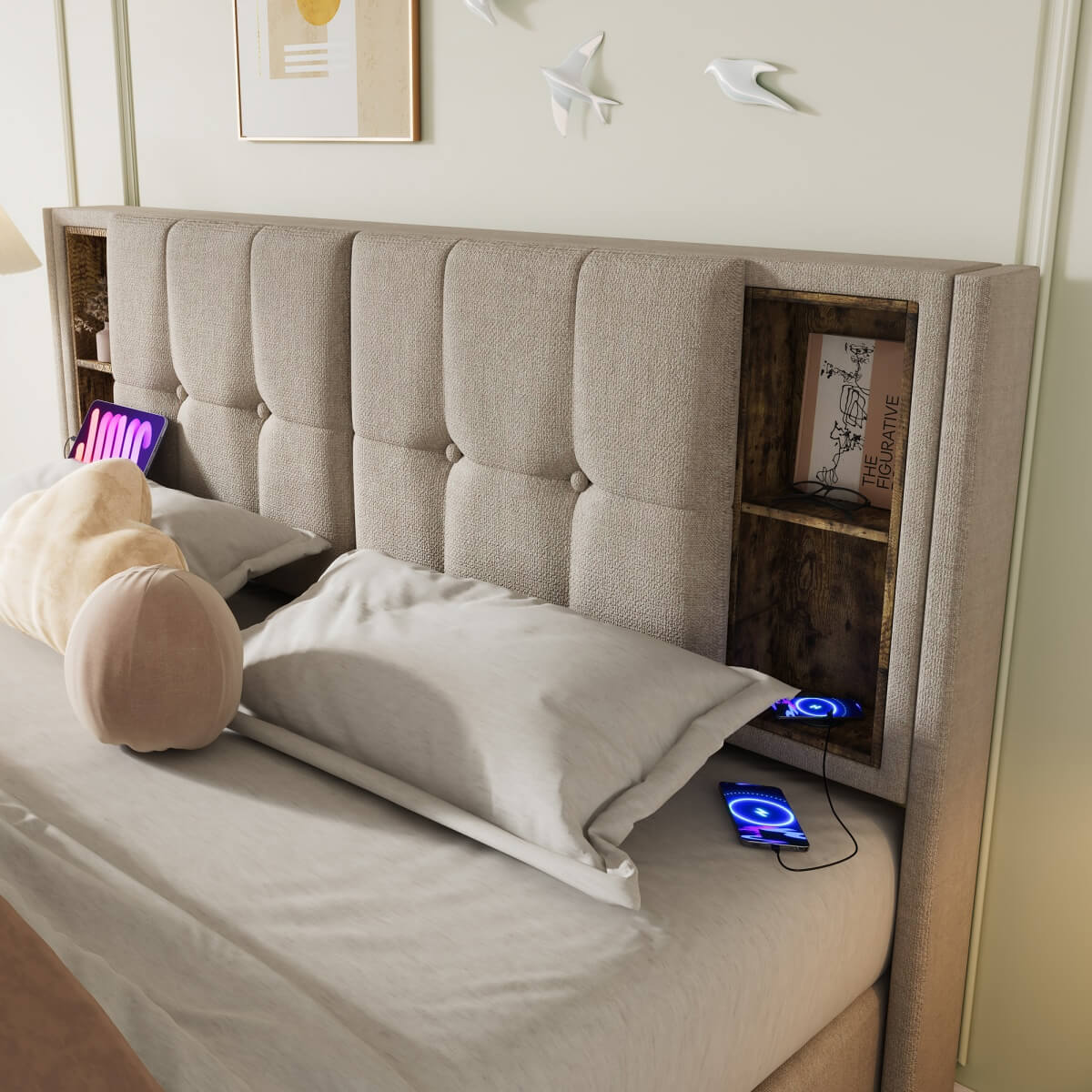 4ft6 Double Ottoman Bed Frame - Upholstered Storage Bed with Wireless Charging & USB C, Natural