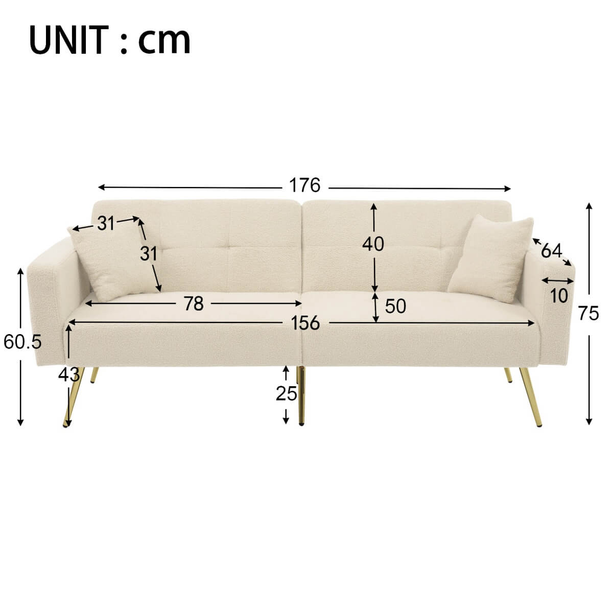 Modern Convertible Sofa Bed - Adjustable Recliner with Gold Legs and Side Storage Pockets, Beige