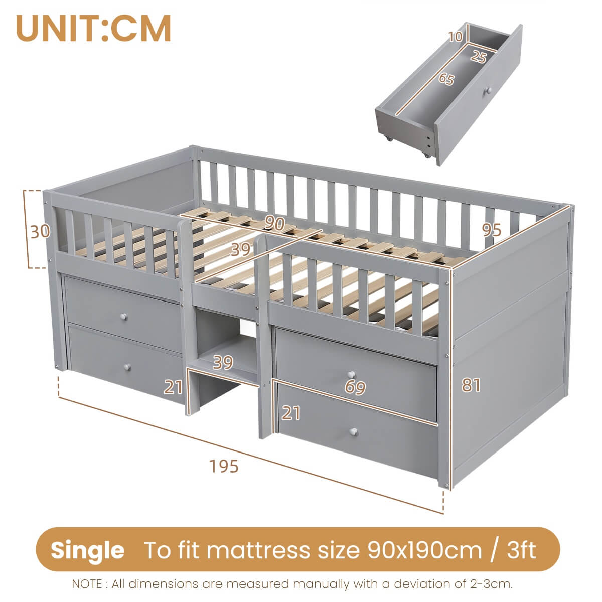3ft Single Kids Low Loft Bed with Storage Drawers – Grey Solid Wood Space-Saving Bed Frame with Guardrail