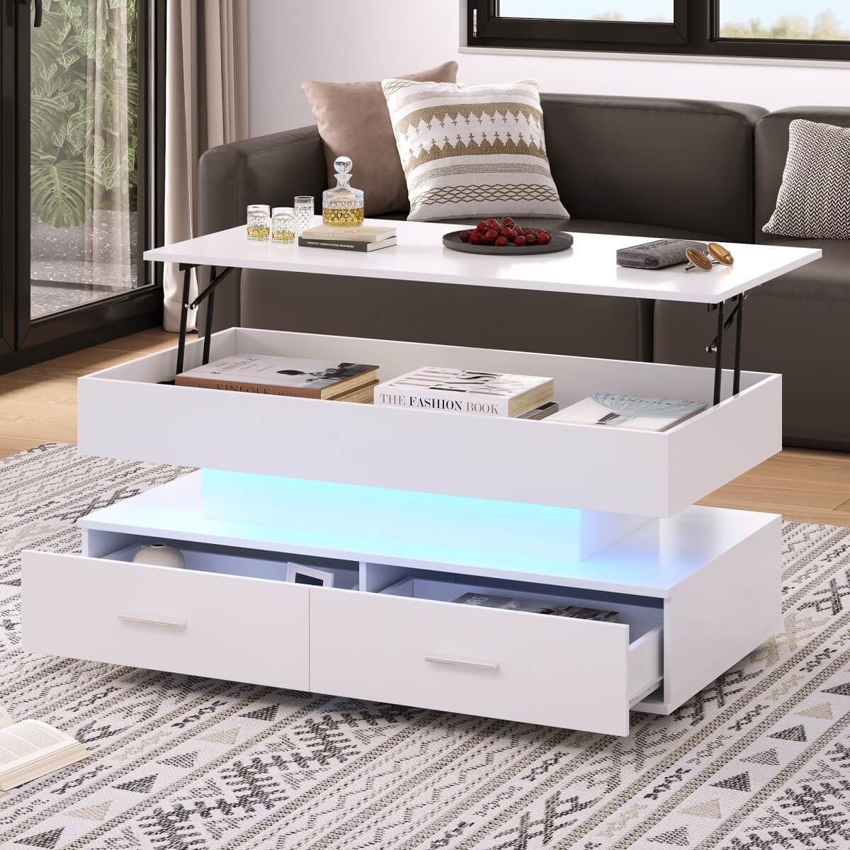 LED Lift Top Coffee Table - Hydraulic Storage Coffee Table with Drawers for Living Room, White