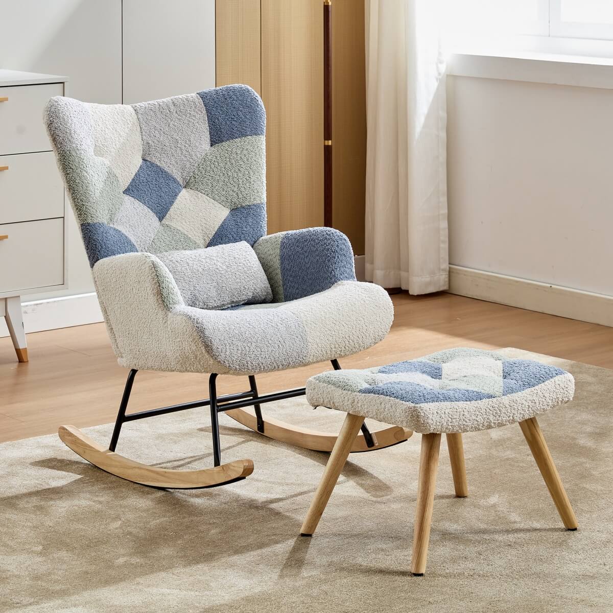 Teddy Rocking Chair with Solid Wood Legs - High Back Recliner Chair for Living Room or Bedroom