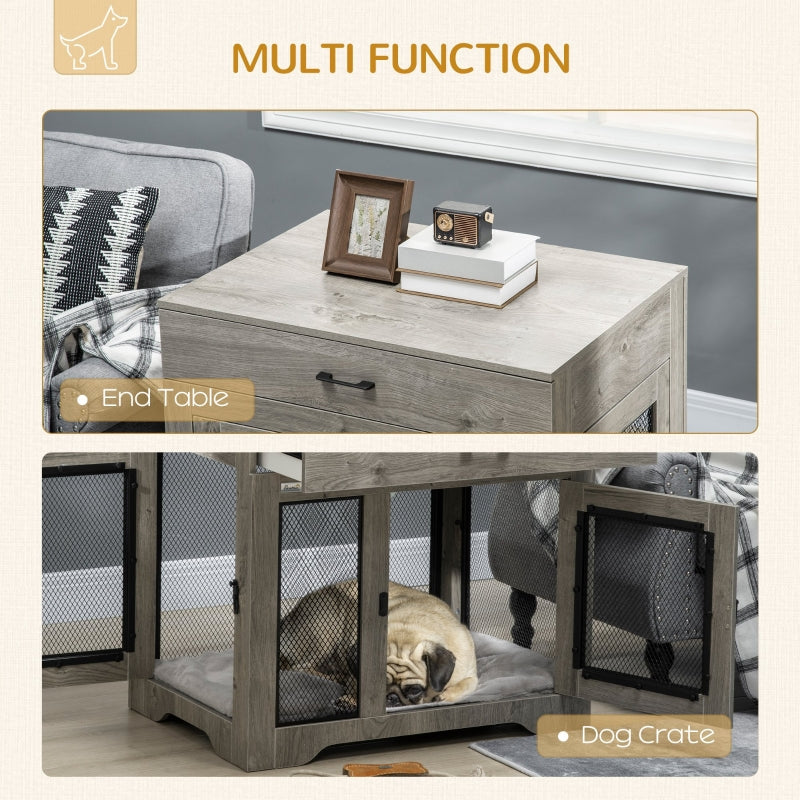 PawHut Dog Cage End Table with Two Doors, Drawer, Grey