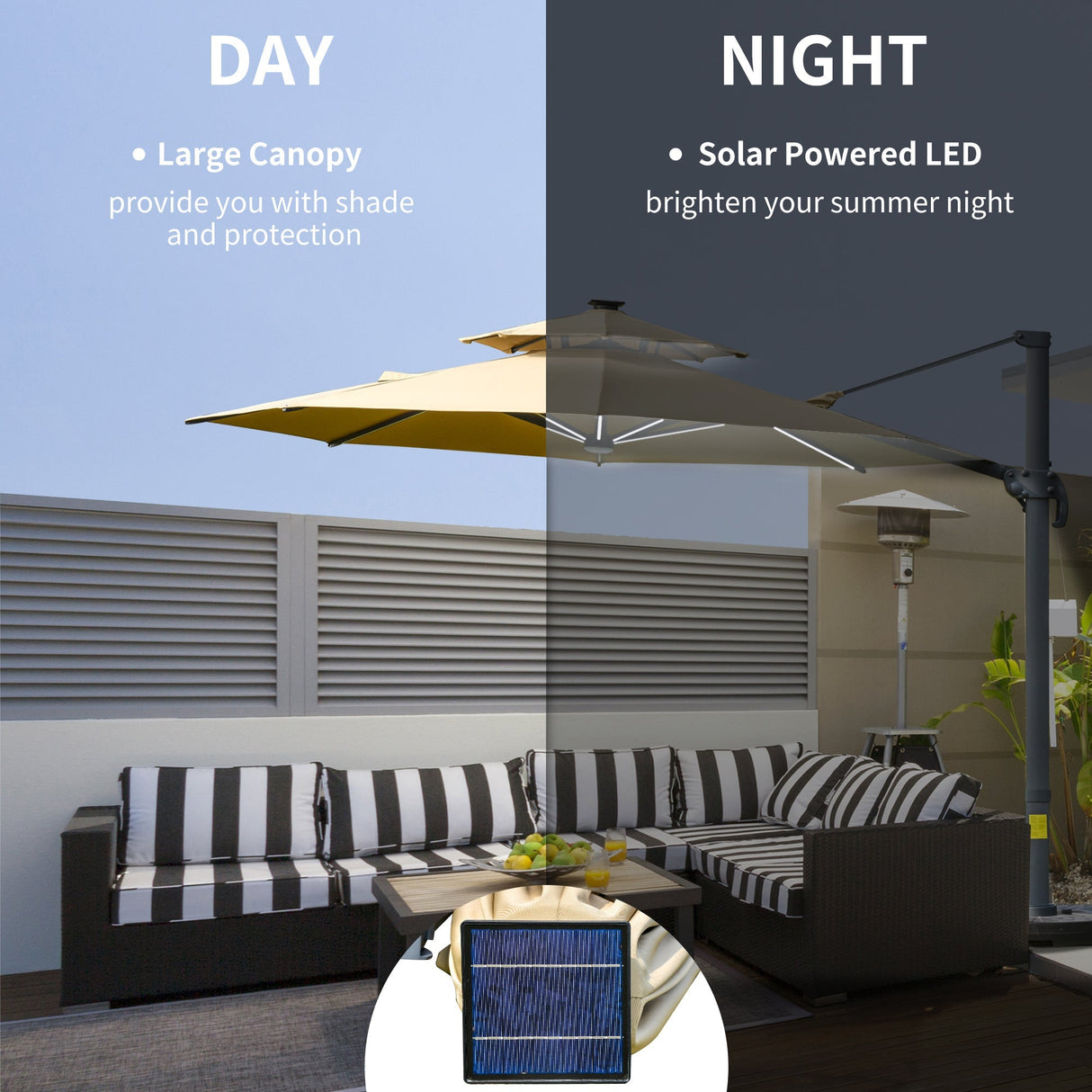 3m Cantilever Parasol, Solar Lights Power Bank Base 360?? Spin, Beige
