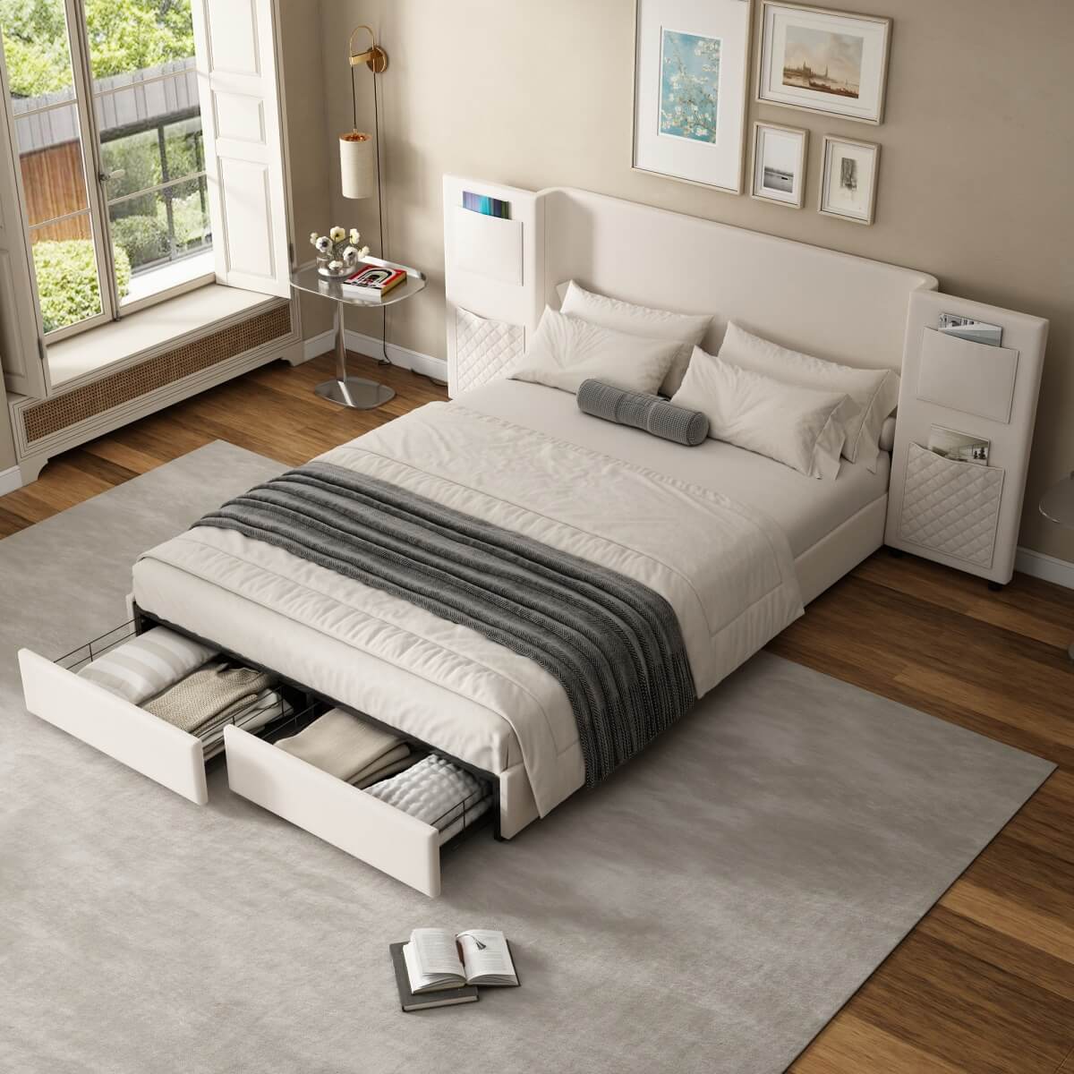 4ft6 Double Velvet Bed Frame with Storage Drawers - Upholstered Bed with Headboard Pockets, 2 Wheeled Drawers and Sturdy Metal Legs, Beige