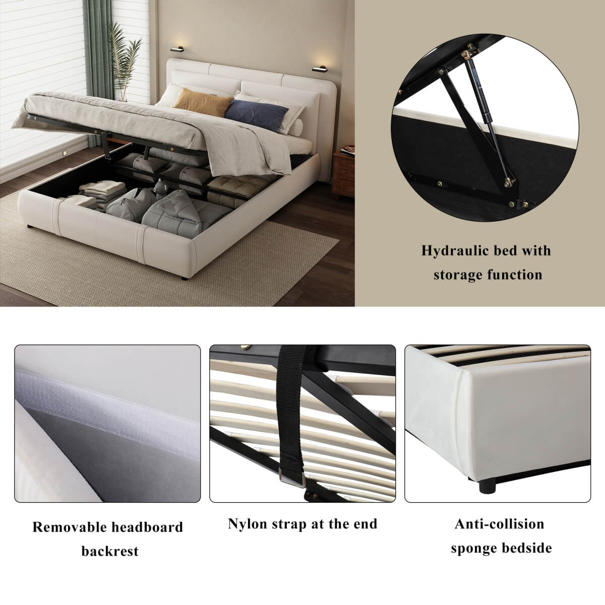 4ft6 Double Upholstered Storage Bed - Hydraulic Lift, Velvet Bed Frame with Removable Headboard, Beige