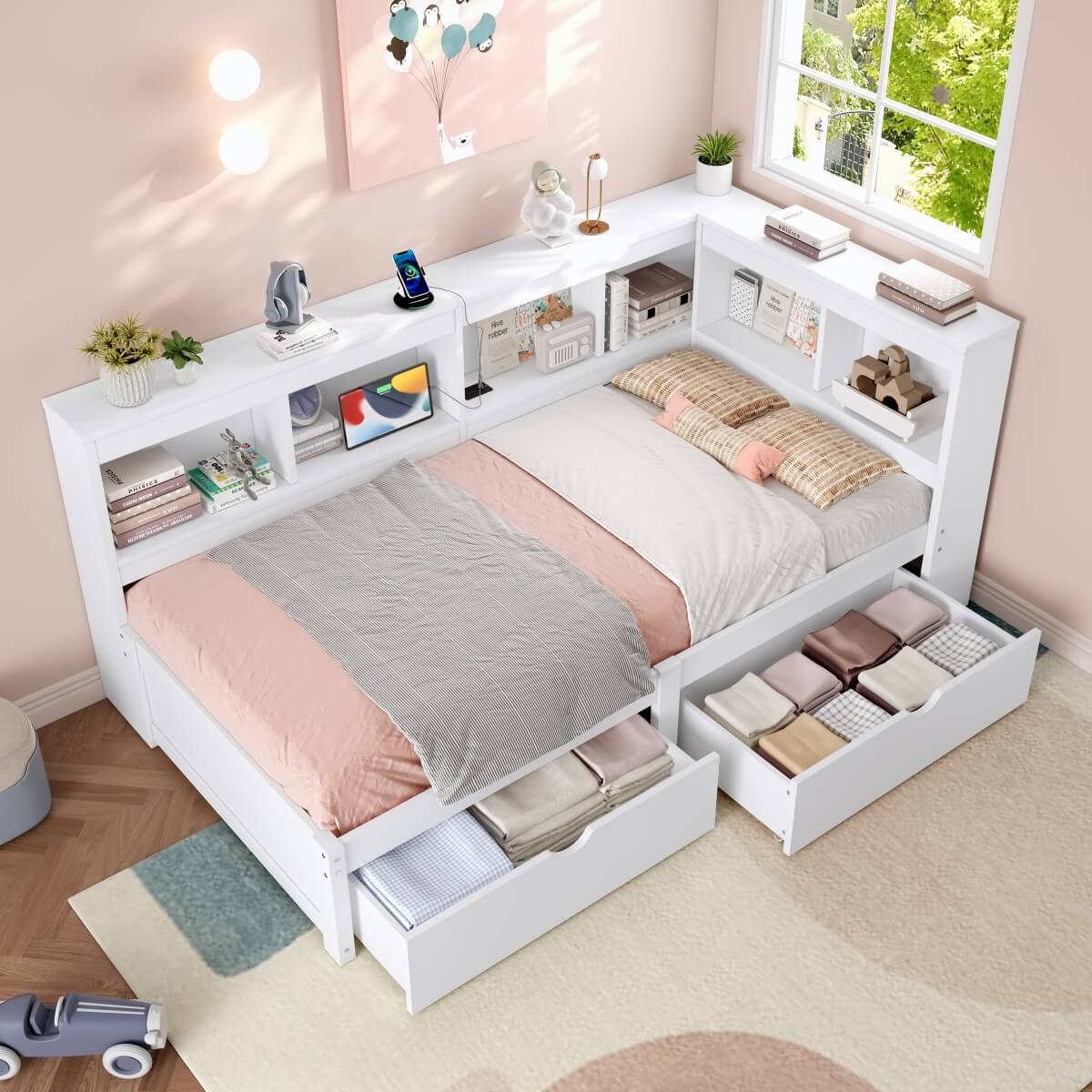 3ft Single L-Shape Daybed with 2 Storage Drawers & Bookcase - Modern Wooden Bed Frame with Charging Station, White