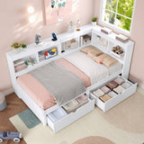 3ft Single L-Shape Daybed with 2 Storage Drawers & Bookcase - Modern Wooden Bed Frame with Charging Station, White