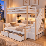3ft Single Bunk Bed with Storage Staircase - Kids Bunk Bed Frame with Drawers, Shelves, LED Lights and Charging Station, White and Natural