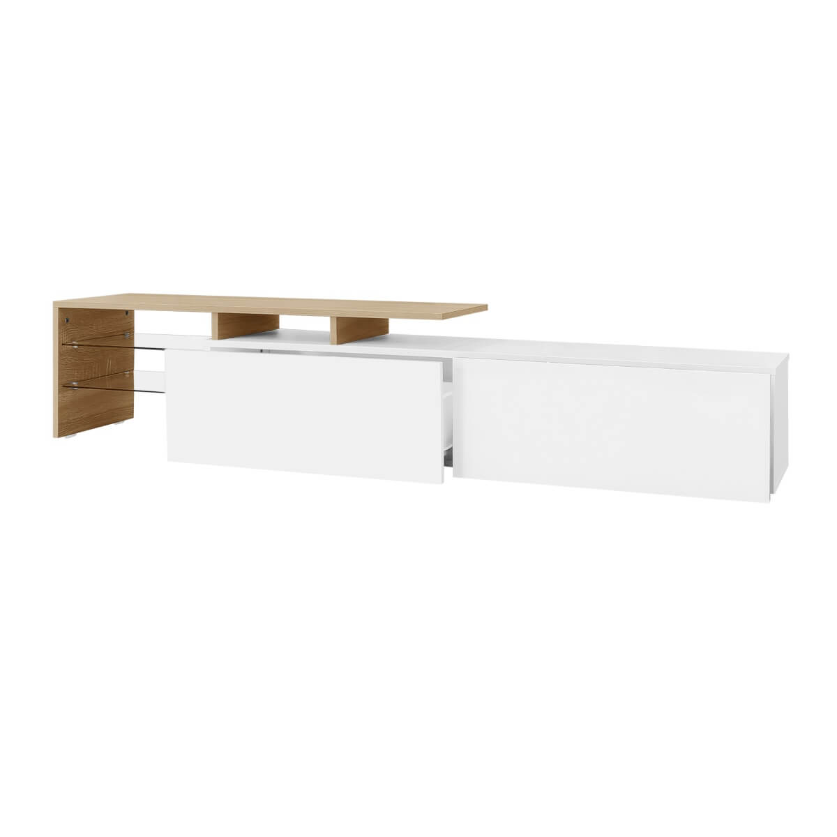 Modern LED TV Unit - High Gloss White TV Cabinet with Glass Shelves and Storage