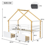 Wooden Children's Bed 3ft Single 90x190cm with Safety Guardrail, Storage Drawers, Imitation Roof Shape, White & Natural