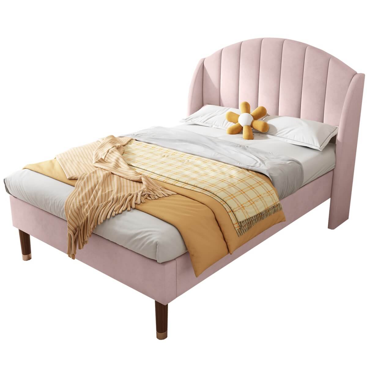 3FT Single Upholstered Velvet Bed - Slatted Frame with Headboard