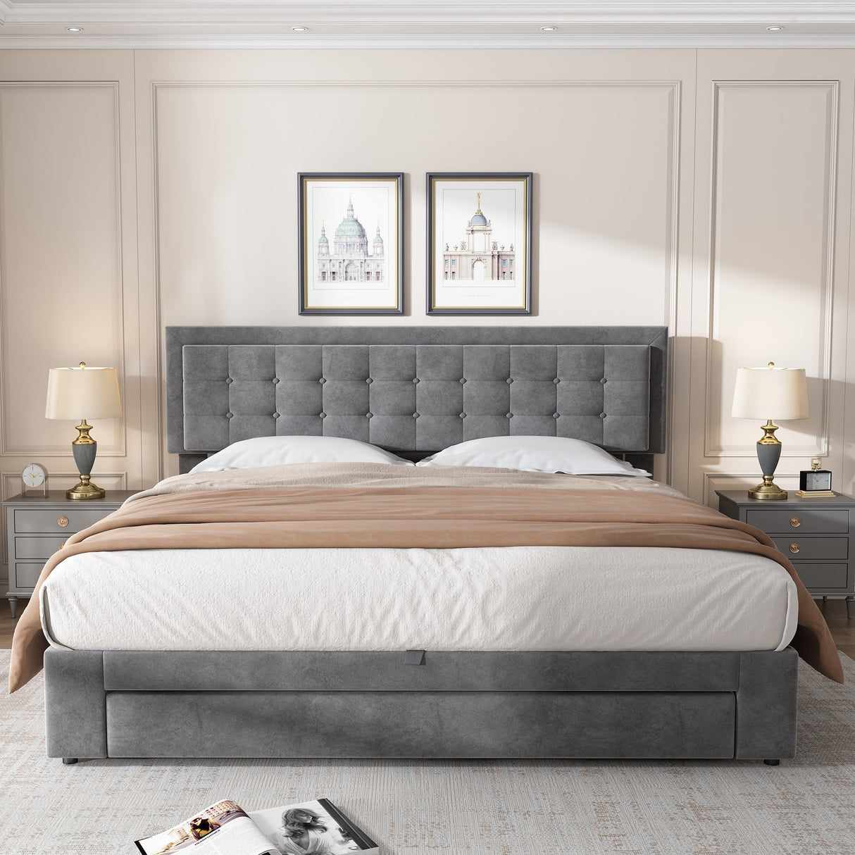 Upholstered Bed, Super King Size (180x200cm), with Large Storage & Slatted Headboard, Grey Velvet