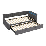3ft Single Velvet Daybed with Trundle - Reversible Sofa Bed with RGB LED Lights and Charging Station, Grey