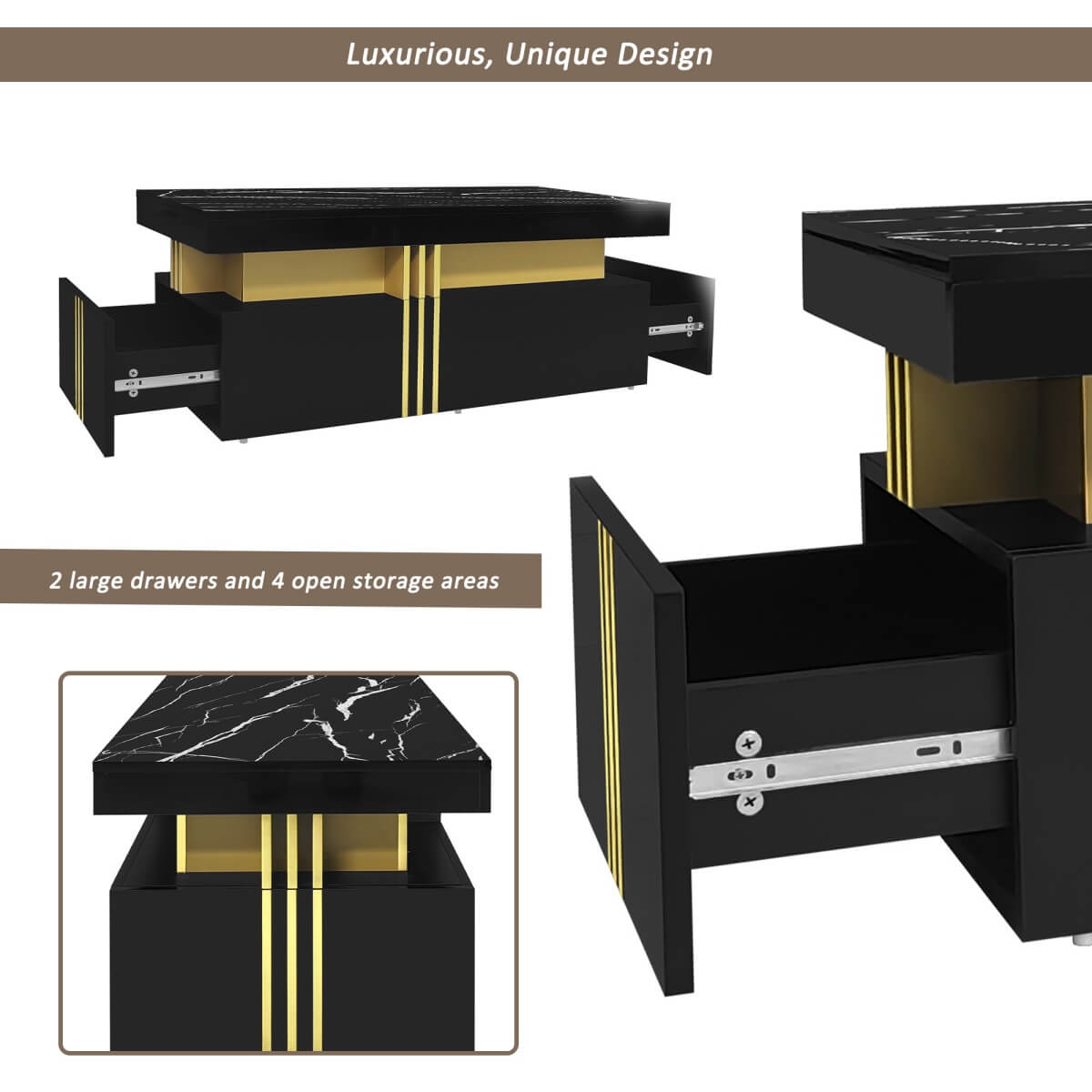 Black Rectangular Coffee Table - Marble Effect Top, 2 Wooden Drawers, 100x50x40cm