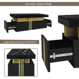 Black Rectangular Coffee Table - Marble Effect Top, 2 Wooden Drawers, 100x50x40cm
